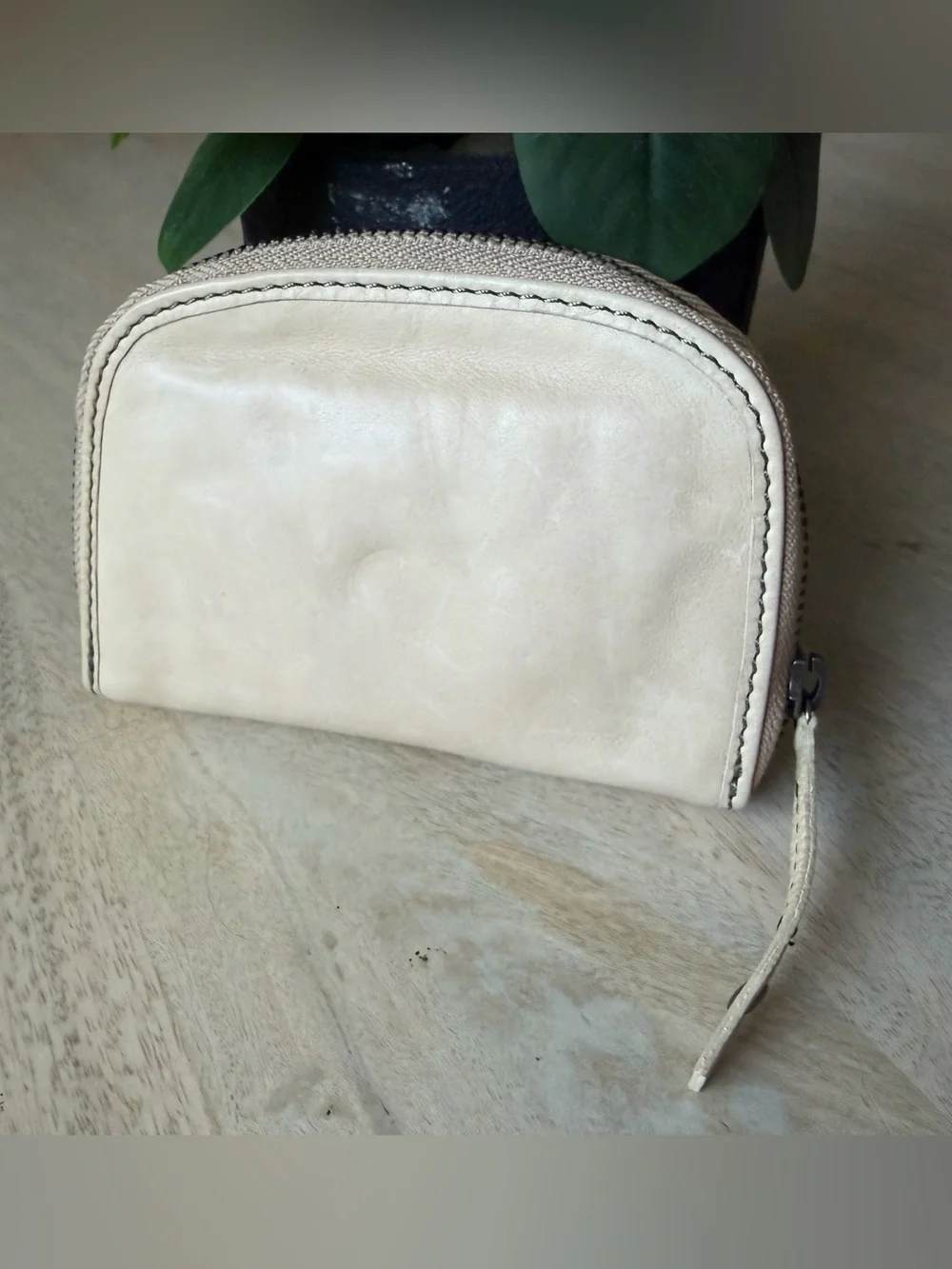 Fossil brand light Beige Patchwork Leather zip around Wallet with Button detail